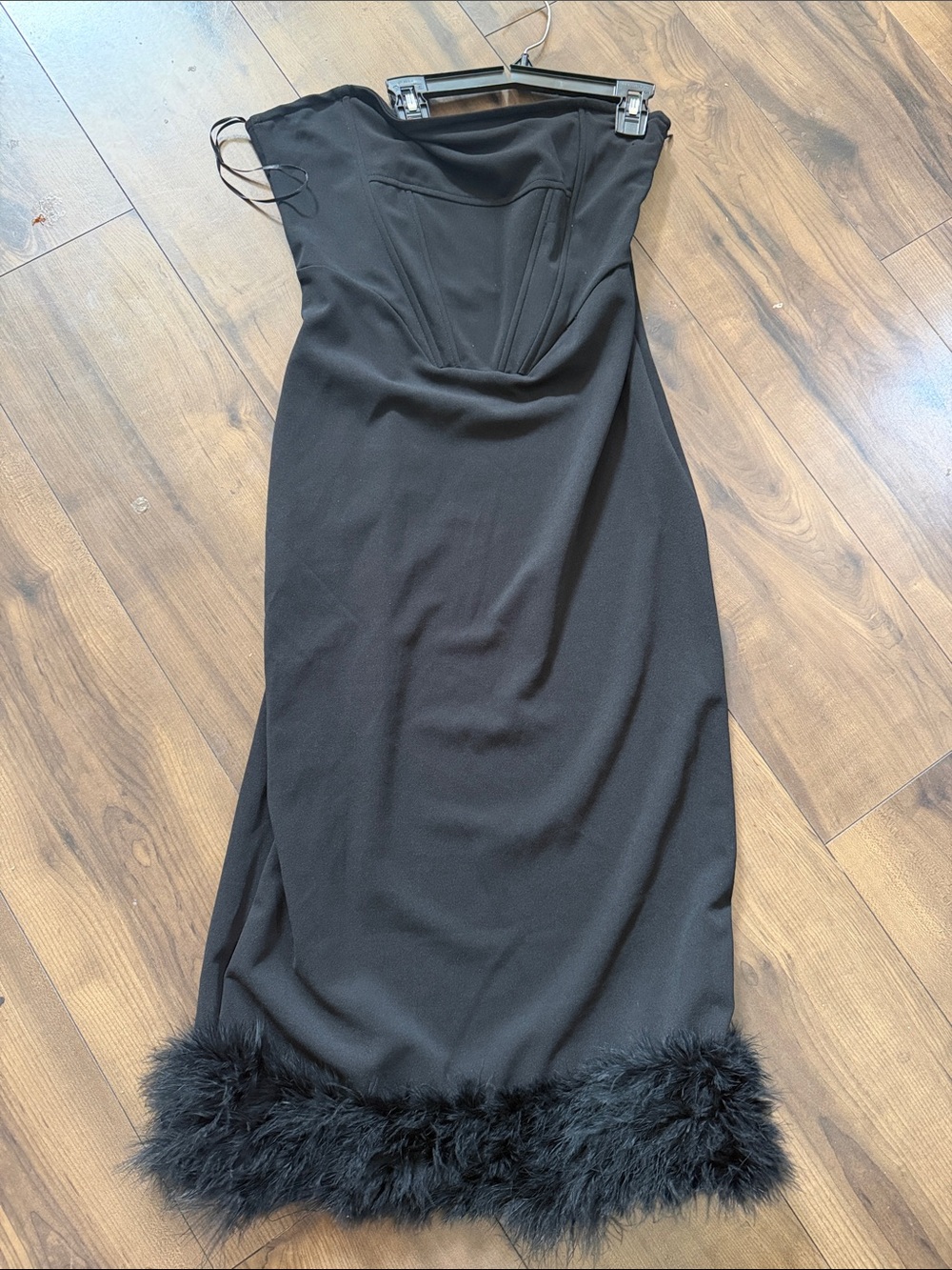 Strapless Black Feather-Hem Midi Dress